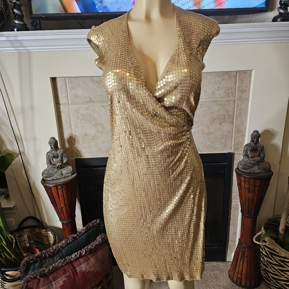 MICHAEL Michael Kors Gold Sequin Mini Tie Wrap Dress. Size XS. - Picture 5 of 9